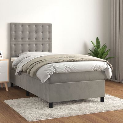 vidaXL Box spring postelja z vzmetnico svetlo siva 90x200 cm žamet