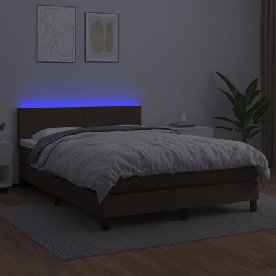 vidaXL Box spring postelja z vzmetnico LED rjava 140x200 cm um. Usnje