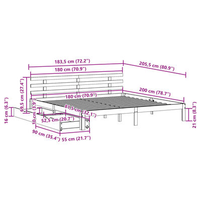 vidaXL Posteljni okvir s predali bel 180x200 cm trdna borovina