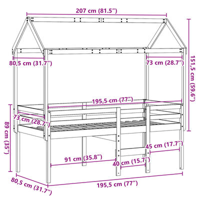 vidaXL Visoka postelja s streho voščeno rjava 75x190 cm trdna borovina