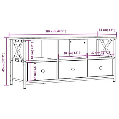 vidaXL TV omarica rjavi hrast 102x33x45 cm inženirski les in železo