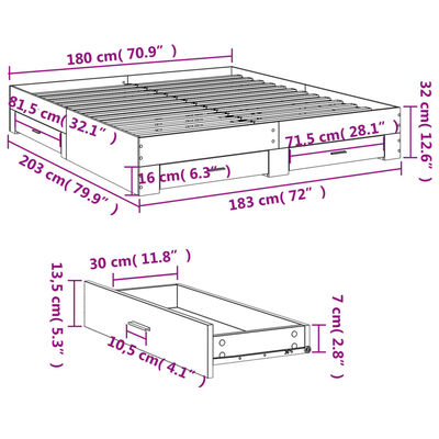 vidaXL Posteljni okvir s predali rjavi hrast 180x200 cm inženirski les