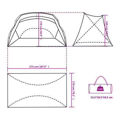 vidaXL Šotor za na plažo zelen 274x178x170/148 cm 185T poliester