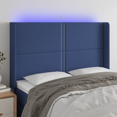 vidaXL LED posteljno vzglavje modro 147x16x118/128 cm blago