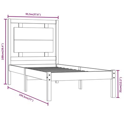 vidaXL Posteljni okvir črn iz trdnega lesa 90x190 cm