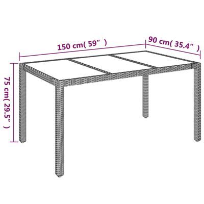 vidaXL Vrtna miza s stekleno ploščo siva 150x90x75 cm poli ratan