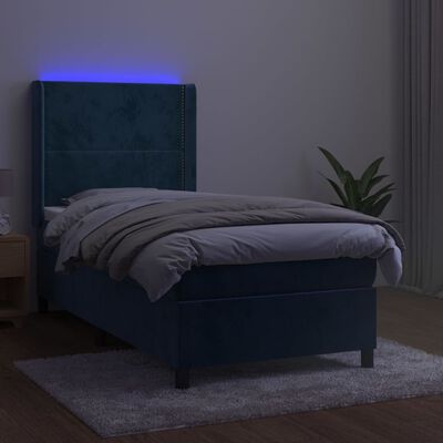 vidaXL Box spring postelja z vzmetnico LED temno modra 90x190 cm žamet