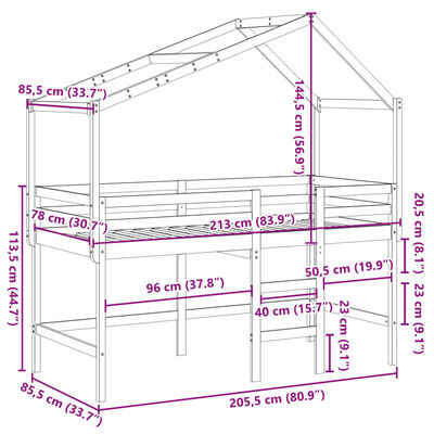 vidaXL Posteljni okvir z lestvijo in streho 80x200 cm borovina