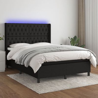 vidaXL Box spring postelja z vzmetnico LED črna 140x200 cm blago