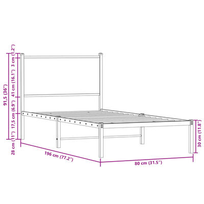 vidaXL Kovinski posteljni okvir brez vzmetnice dimljen hrast 75x190 cm