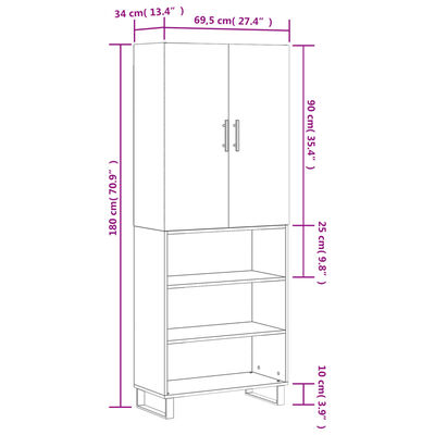 vidaXL Visoka komoda dimljen hrast 69,5x34x180 cm inženirski les