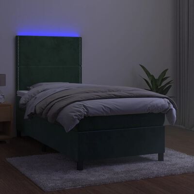 vidaXL Box spring postelja z vzmetnico LED tem. zelena 90x190 cm žamet