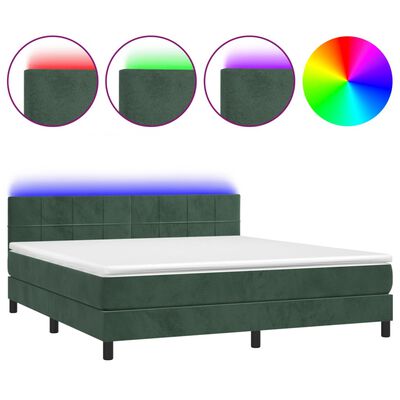 vidaXL Box spring postelja z vzmetnico LED tem. zelena 160x200cm žamet