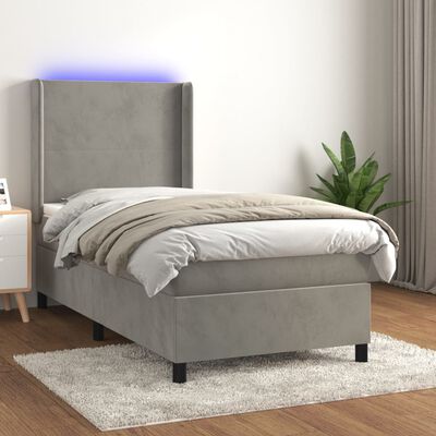 vidaXL Box spring postelja z vzmetnico LED svetlo siva 90x190cm žamet