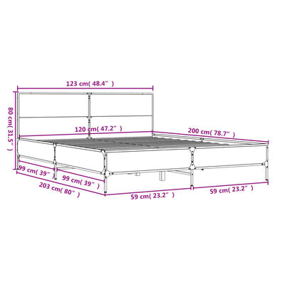 vidaXL Posteljni okvir rjav hrast 120x200 cm inženirski les in kovina