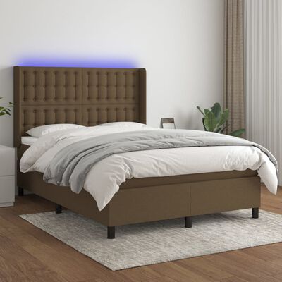 vidaXL Box spring postelja z vzmetnico LED temno rjava 140x190cm blago