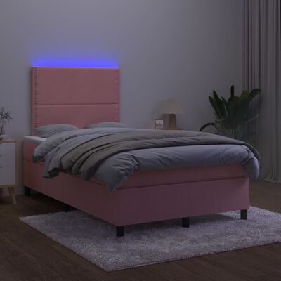 vidaXL Box spring postelja z vzmetnico LED roza 120x200 cm žamet