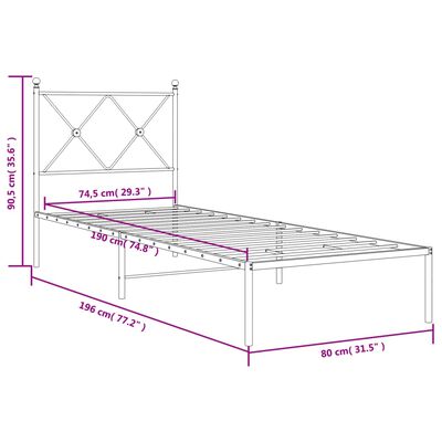 vidaXL Kovinski posteljni okvir brez vzmetnice z vzglavjem 75x190 cm