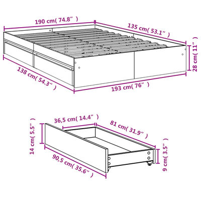 vidaXL Posteljni okvir s predali siva sonoma 135x190cm inženirski les