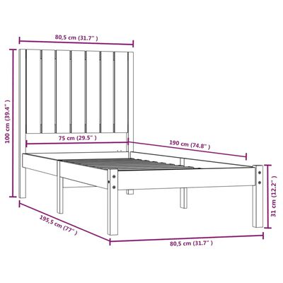 vidaXL Posteljni okvir medeno rjav iz trdnega lesa 75x190 cm