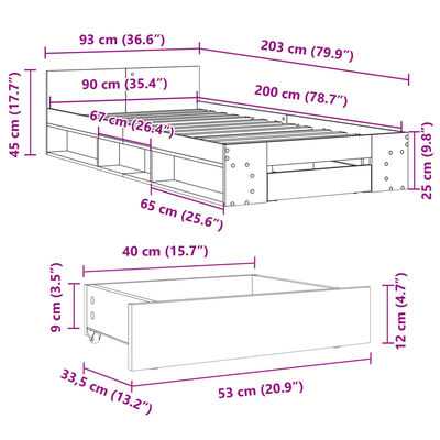 vidaXL Posteljni okvir s predalom sonoma hrast 90x200 cm inž. les