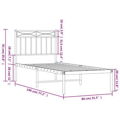 vidaXL Kovinski posteljni okvir brez vzmetnice z vzglavjem 75x190 cm