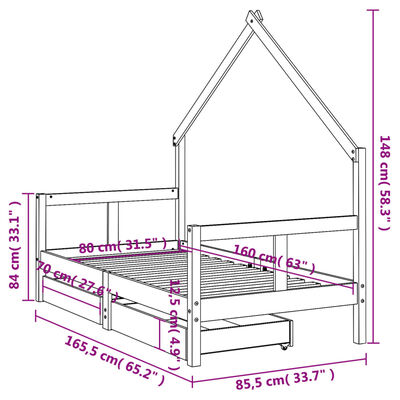 vidaXL Otroški posteljni okvir s predali bel 80x160 cm trdna borovina