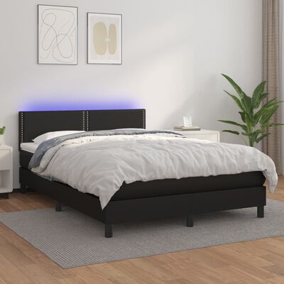 vidaXL Box spring postelja z vzmetnico LED črna 140x200 cm um. usnje