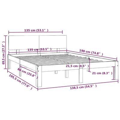 vidaXL Posteljni okvir črn iz trdnega lesa 135x190 cm