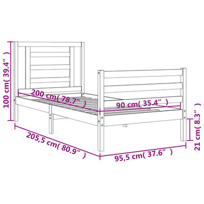 vidaXL Posteljni okvir z vzglavjem bel 90x200 cm trden les