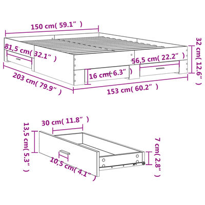 vidaXL Posteljni okvir s predali dimljen hrast 150x200 cm inž. les