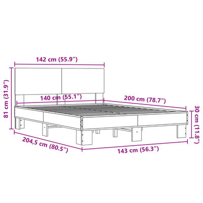 vidaXL Posteljni okvir rjav hrast 140x200 cm inženirski les in kovina