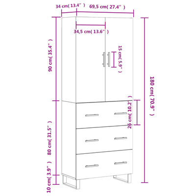 vidaXL Visoka omara bela 69,5x34x180 cm inženirski les