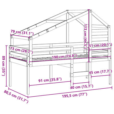 vidaXL Visoka postelja s streho 75x190 cm trdna borovina