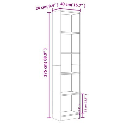 vidaXL Knjižna omara 5-nadstropna siva sonoma 40x24x175 cm inžen. les