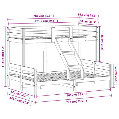 vidaXL Pograd 80×200/140x200 cm bel trdna borovina