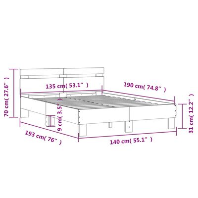 vidaXL Posteljni okvir z vzglavjem in LED rjavi hrast 135x190 cm