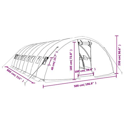 vidaXL Rastlinjak z jeklenim ogrodjem zelen 40 m² 8x5x2,3 m