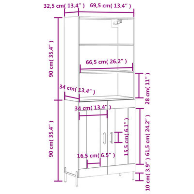 vidaXL Visoka komoda rjav hrast 69,5x34x180 cm inženirski les