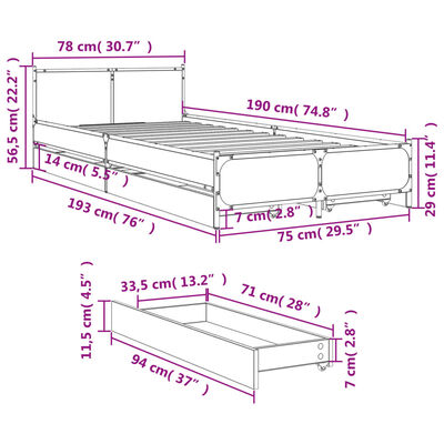 vidaXL Posteljni okvir s predali rjavi hrast 75x190 cm inž. les