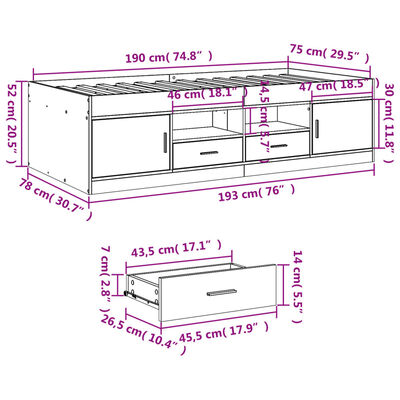 vidaXL Dnevna postelja s predali brez vzmetnice sonoma hrast 75x190 cm