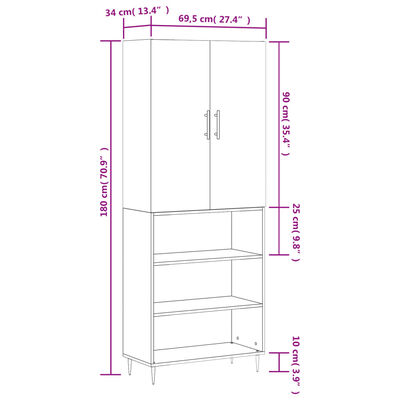 vidaXL Visoka komoda siva sonoma 69,5x34x180 cm inženirski les