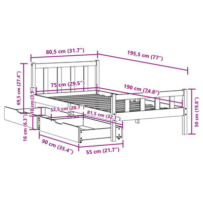 vidaXL Posteljni okvir brez vzmetnice 75x190 cm trdna borovina