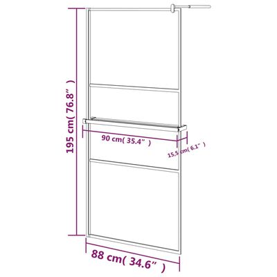 vidaXL Pregrada za tuš s polico črna 90x195 cm ESG steklo in aluminij