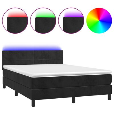 vidaXL Box spring postelja z vzmetnico LED črna 140x190 cm žamet