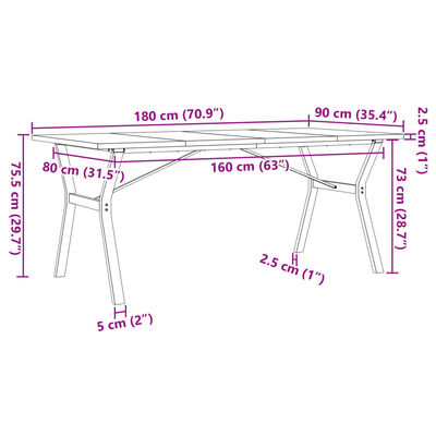 vidaXL Jedilna miza Y okvir 180x90x75,5 cm trdna borovina lito železo