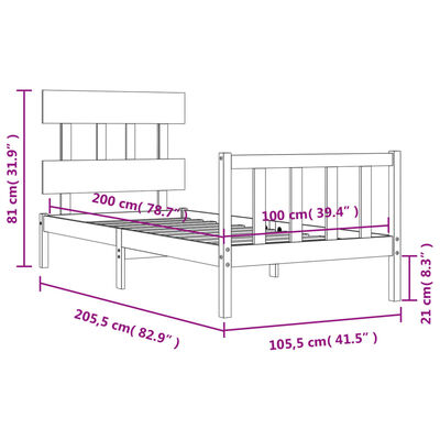 vidaXL Posteljni okvir z vzglavjem 100x200 cm trden les