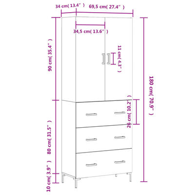 vidaXL Visoka komoda siva sonoma 69,5x34x180 cm inženirski les