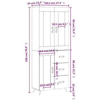 vidaXL Visoka omara bela 69,5x34x180 cm inženirski les