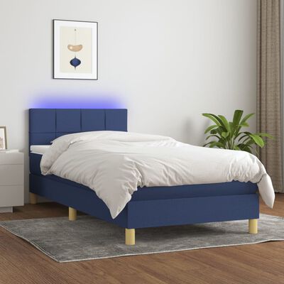 vidaXL Box spring postelja z vzmetnico LED modra 90x190 cm blago